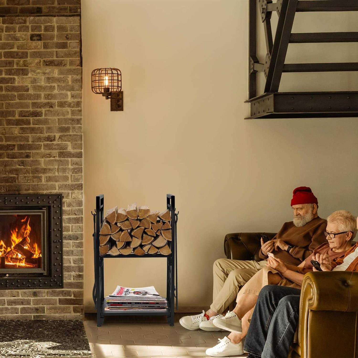 MYFIREPLACEDIRECT Firewood Rack with 4 Fireplace Tools Fireplace Tool Sets Log Rack Outdoor Heavy-Duty Log Wood Storage Accessory for Indoor Fire - Image 3