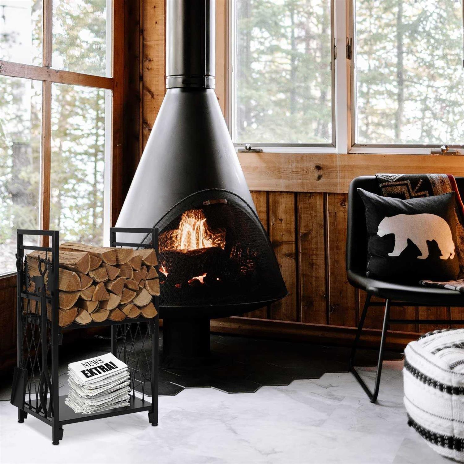 MYFIREPLACEDIRECT Firewood Rack with 4 Fireplace Tools Fireplace Tool Sets Log Rack Outdoor Heavy-Duty Log Wood Storage Accessory for Indoor Fire - Image 4